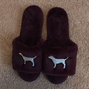 Pink Victorian slippers marooned with a silver dog